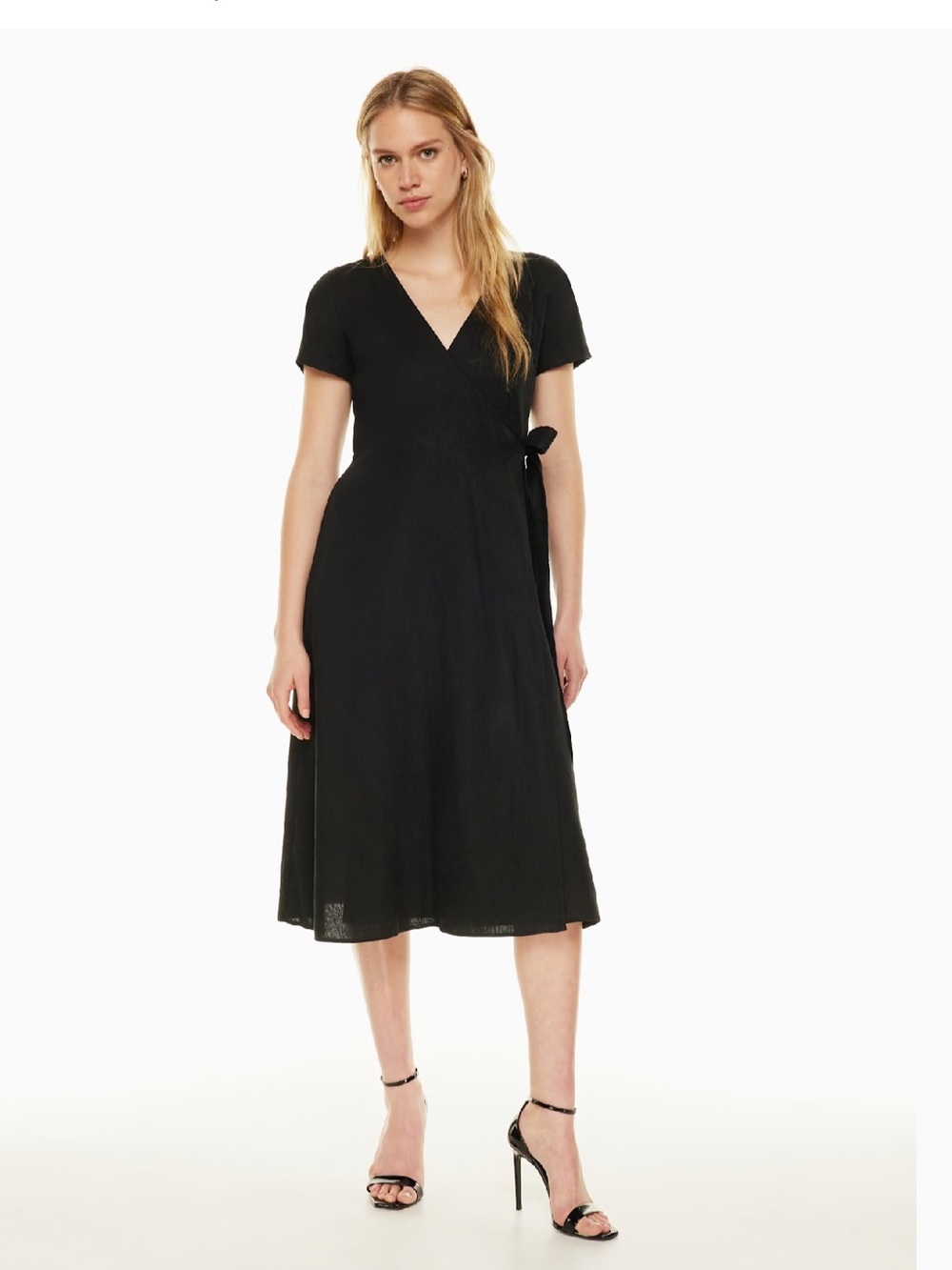 Aritzia Babaton Wrap Dress Women XS Black Dern Linen Midi Classic Minimalist